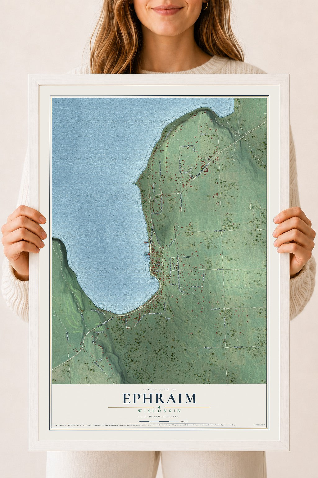 Map of Ephraim, Wisconsin, 18 x 24 inch print in a white wood frame