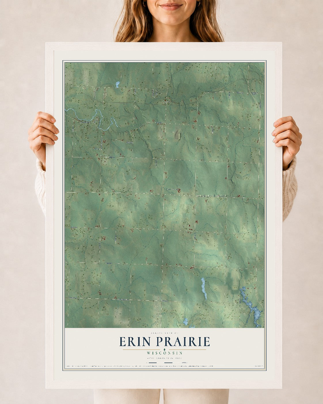 Map of Erin Prairie, Wisconsin, 24 x 36 inch print in a white wood frame