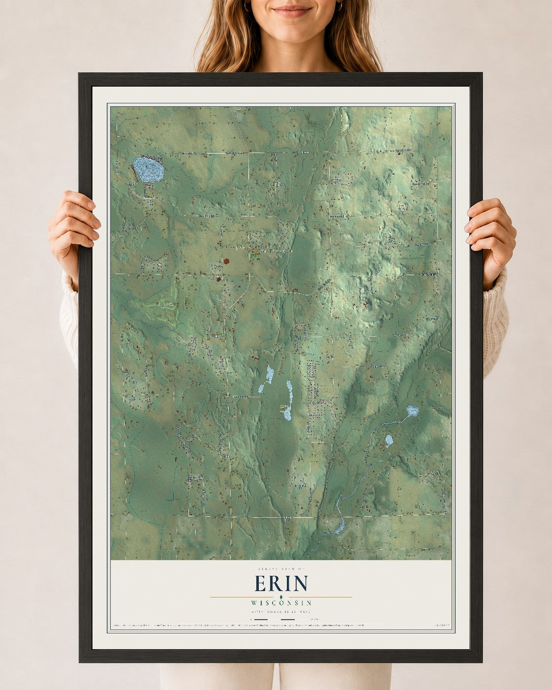 Map of Erin, Wisconsin, 24 x 36 inch print in a black wood frame