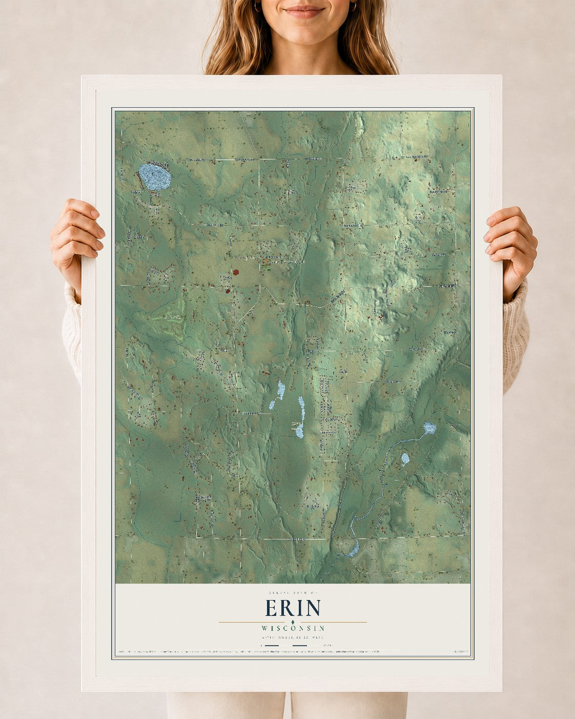 Map of Erin, Wisconsin, 24 x 36 inch print in a white wood frame