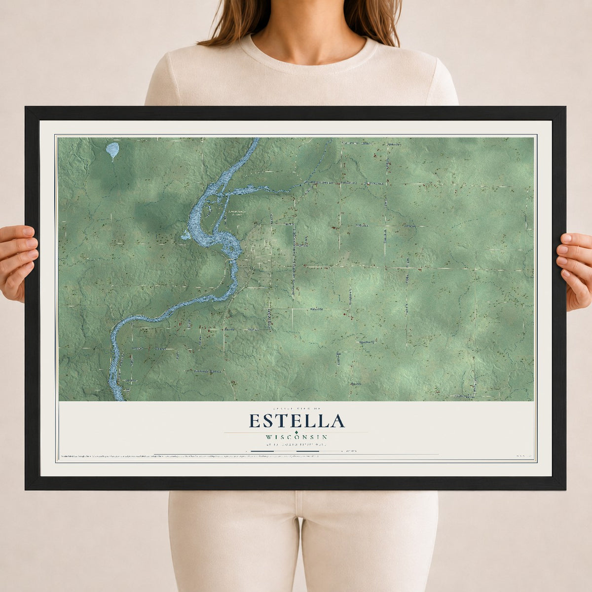 Map of Estella, Wisconsin, 18 x 24 inch print in a black wood frame