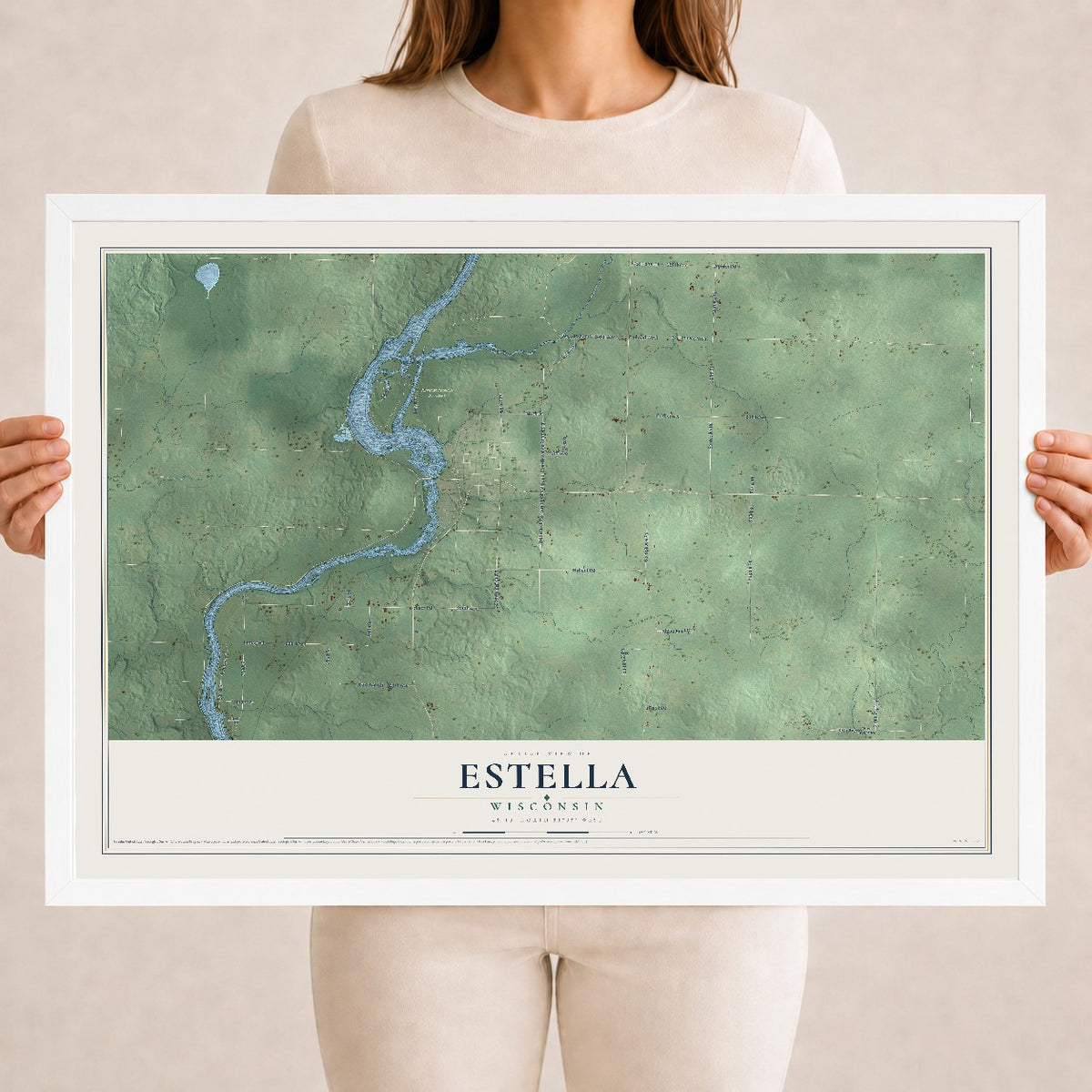 Map of Estella, Wisconsin, 18 x 24 inch print in a white wood frame