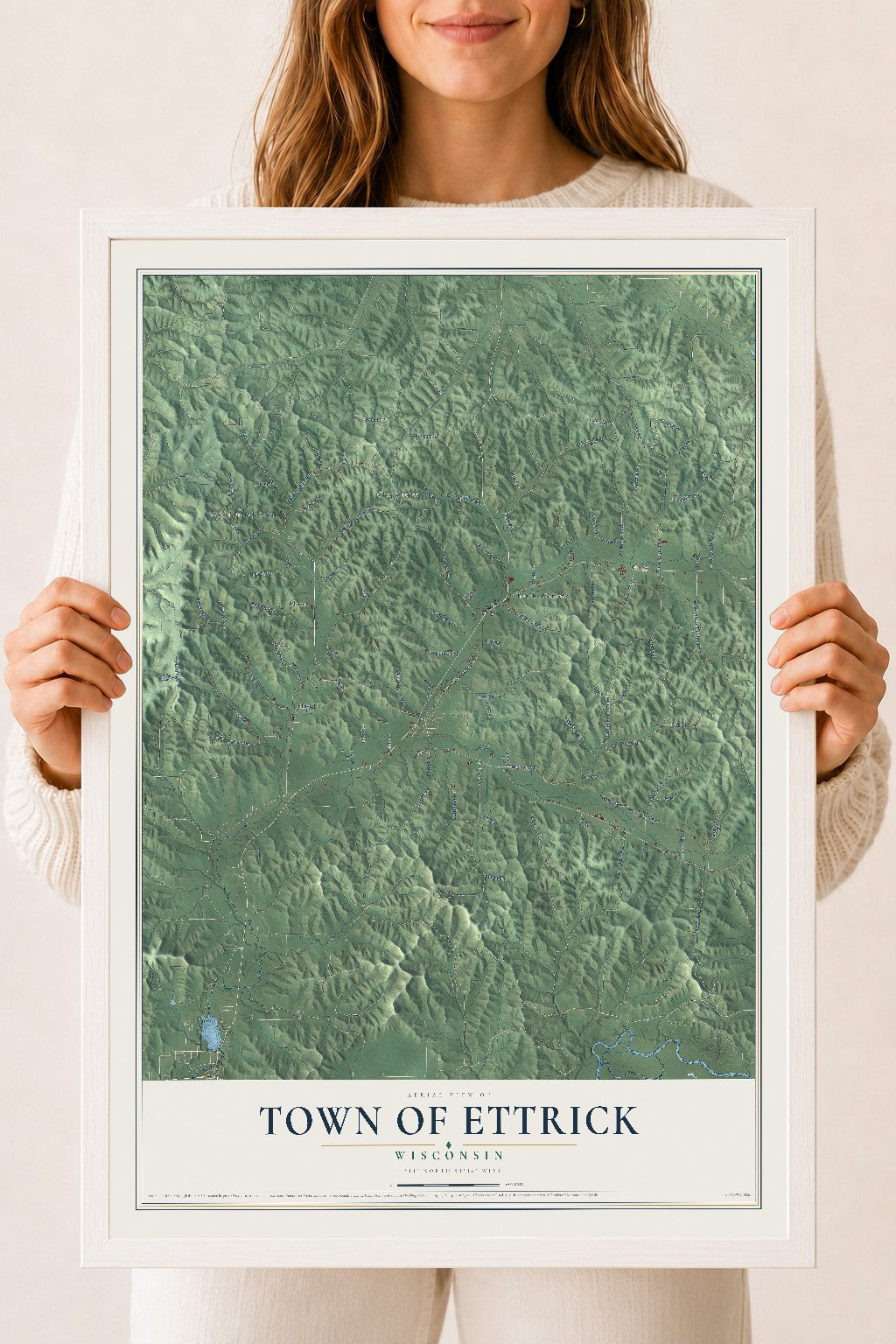 Map of the Town of Ettrick, Wisconsin, 18 x 24 inch print in a white wood frame
