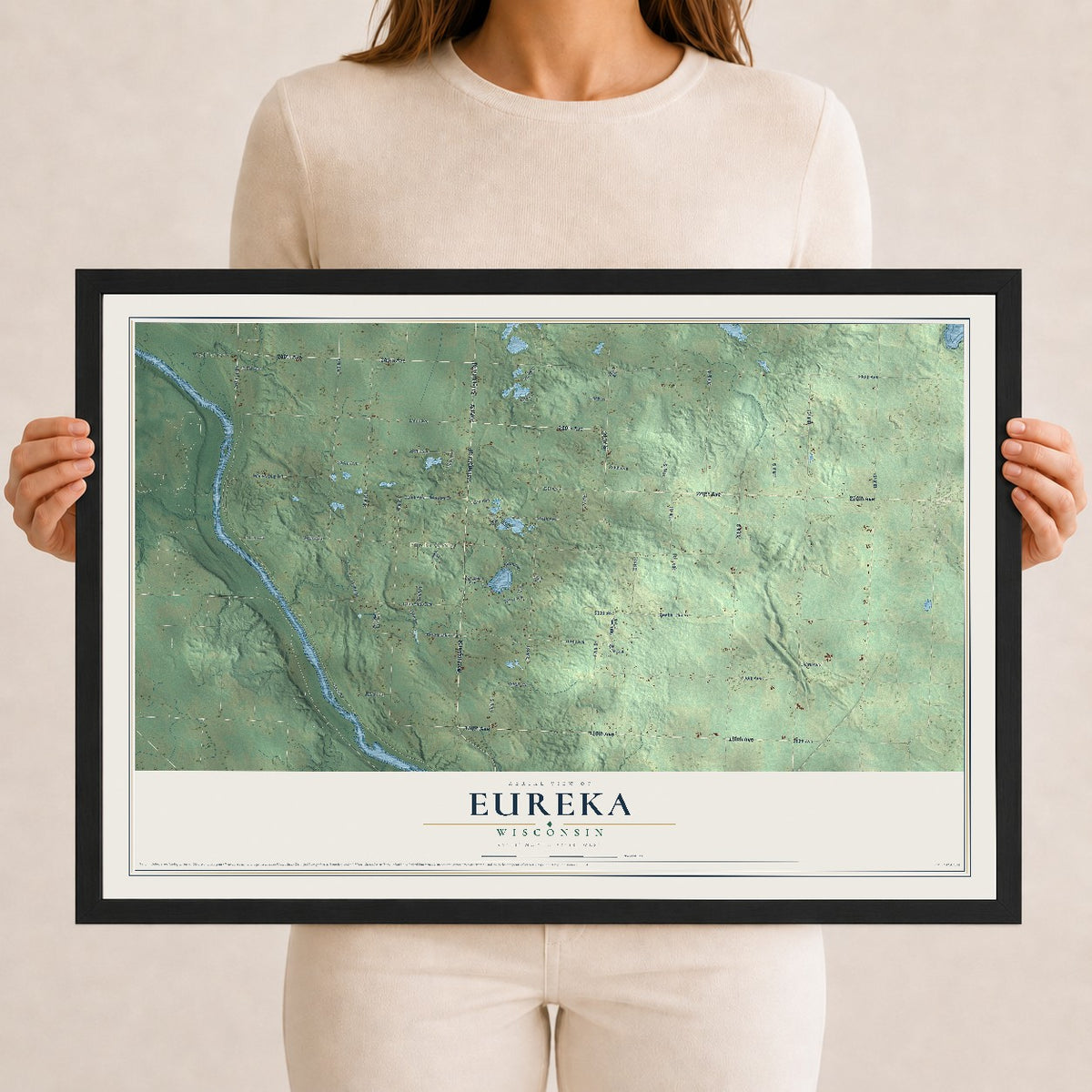 Map of Eureka, Wisconsin, 12 x 18 inch print in a black wood frame