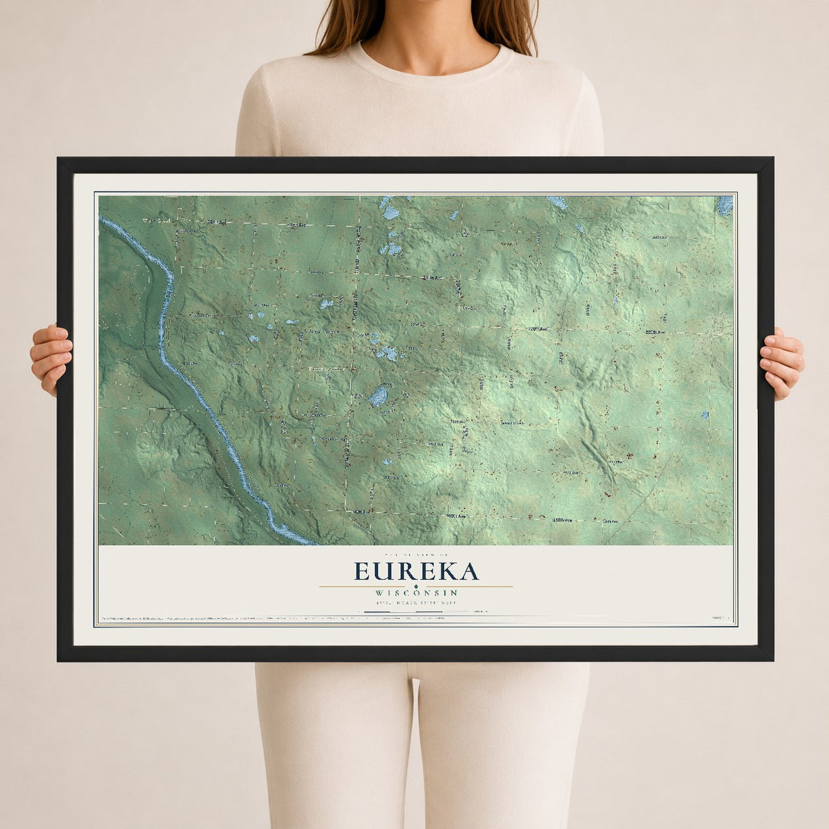 Map of Eureka, Wisconsin, 24 x 36 inch print in a black wood frame