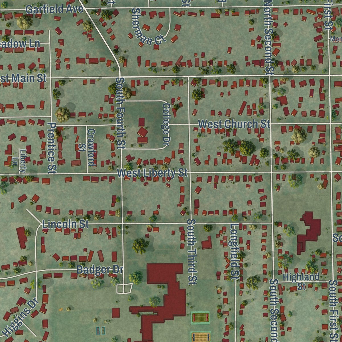 Close-up of the map of Evansville, Wisconsin print showing street and building detail