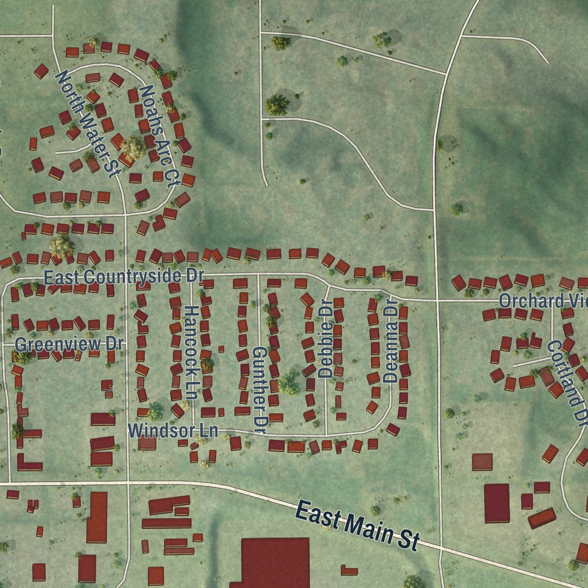 Second close-up of the map of Evansville, Wisconsin print showing more streets and buildings