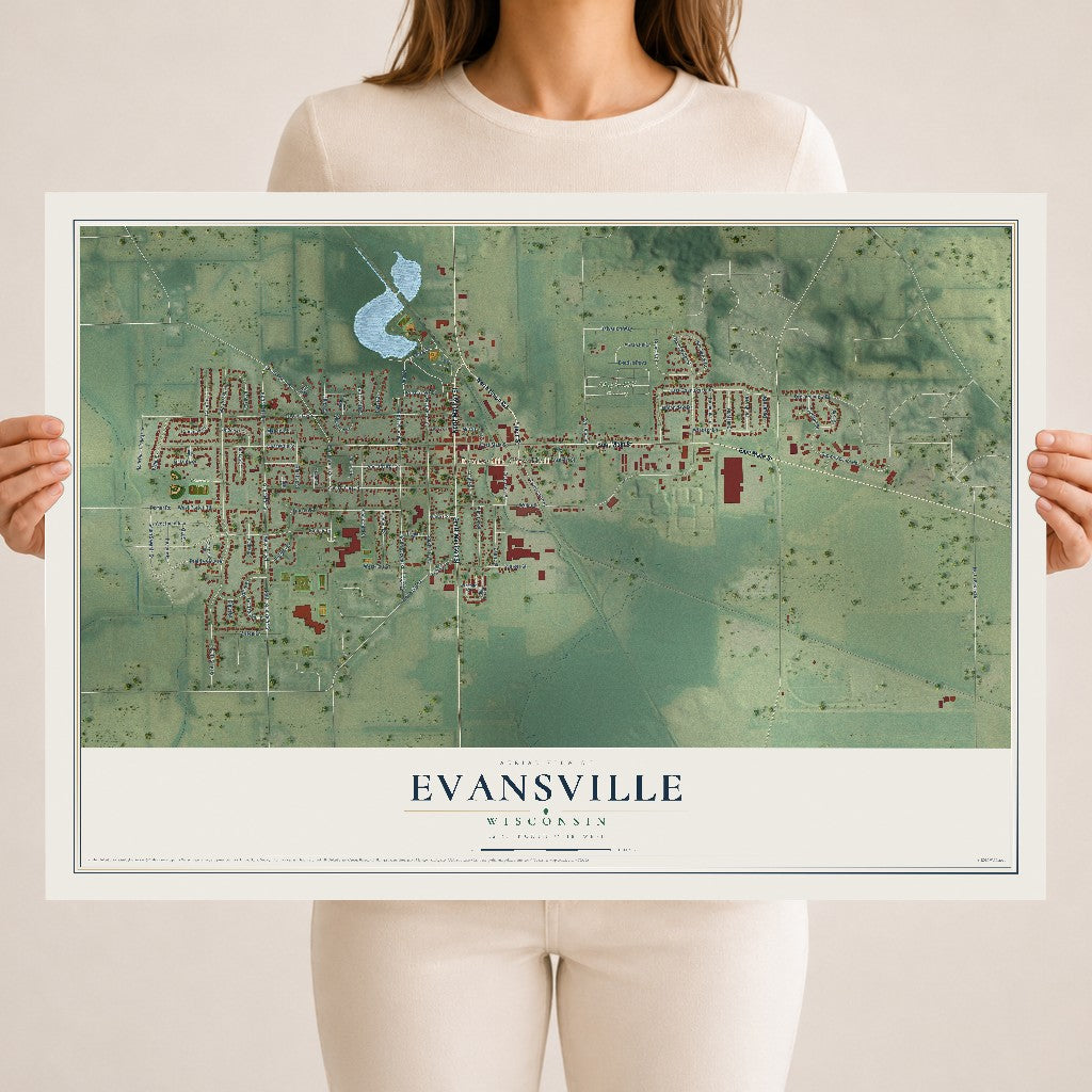Map of Evansville, Wisconsin, 18 x 24 inch unframed archival matte print