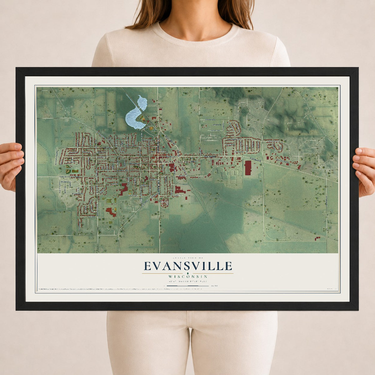 Map of Evansville, Wisconsin, 18 x 24 inch print in a black wood frame