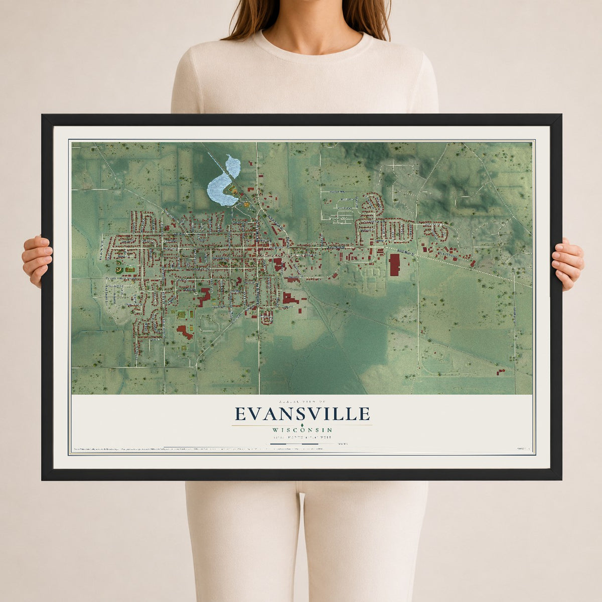 Map of Evansville, Wisconsin, 24 x 36 inch print in a black wood frame