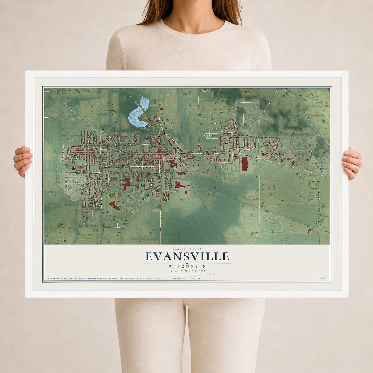 Map of Evansville, Wisconsin, 24 x 36 inch print in a white wood frame