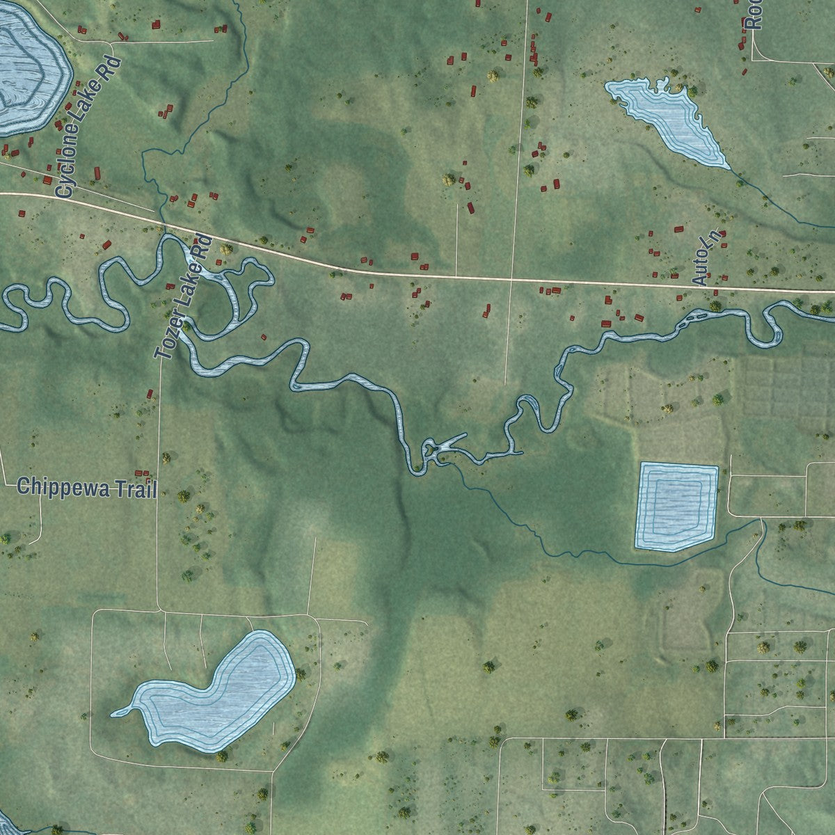 Second close-up of the map of Evergreen, Washburn County, Wisconsin print showing more streets and buildings