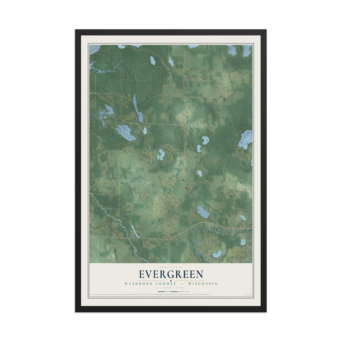 Map of Evergreen, Washburn County, Wisconsin, 12 x 18 inch print in a black wood frame
