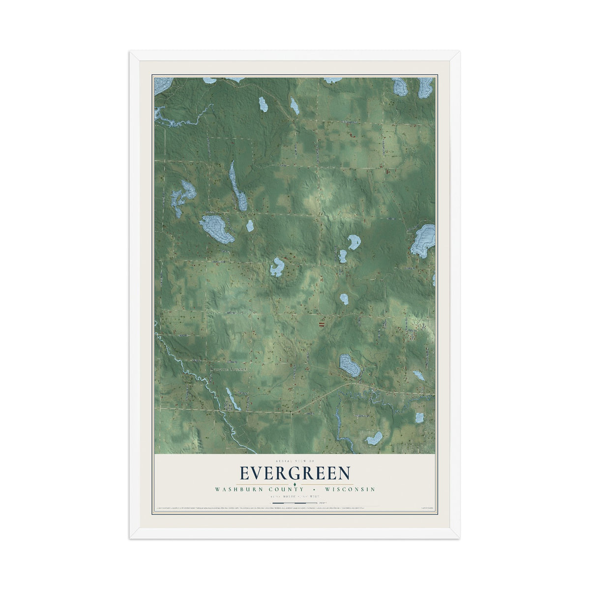 Map of Evergreen, Washburn County, Wisconsin, 12 x 18 inch print in a white wood frame