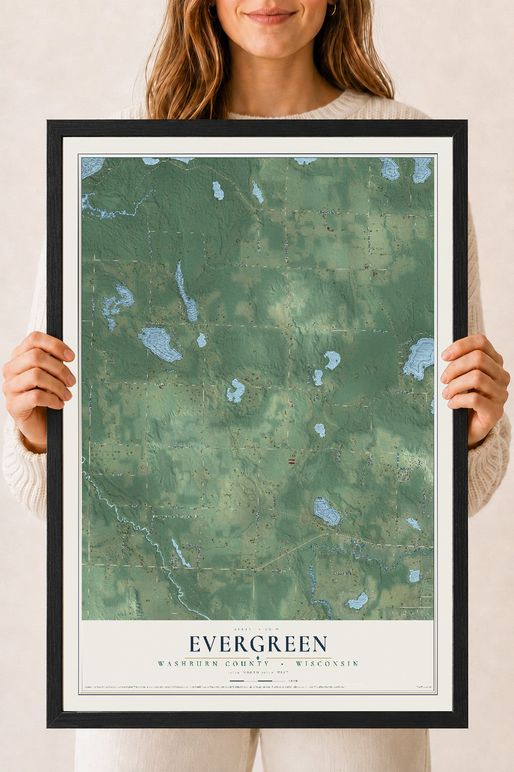 Map of Evergreen, Washburn County, Wisconsin, 18 x 24 inch print in a black wood frame