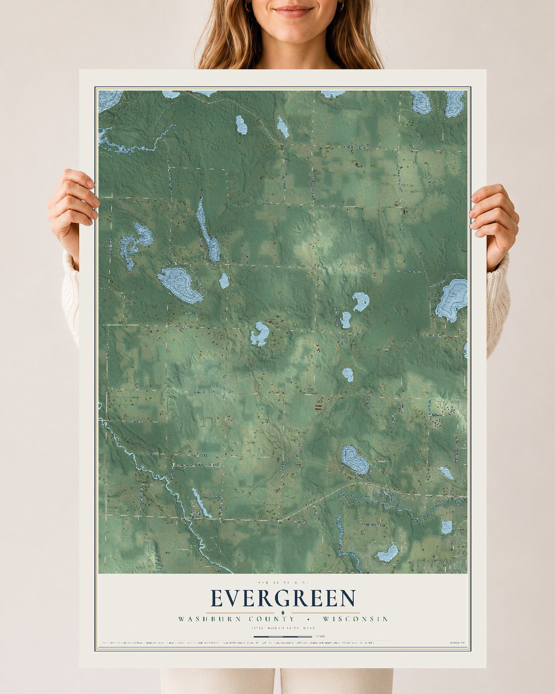 Map of Evergreen, Washburn County, Wisconsin, 24 x 36 inch unframed archival matte print