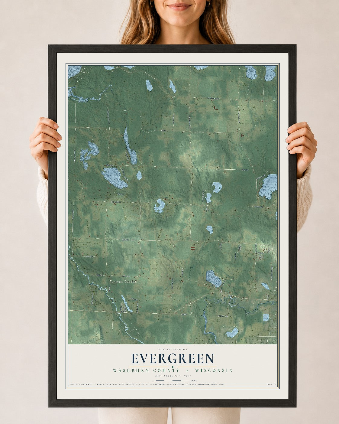 Map of Evergreen, Washburn County, Wisconsin, 24 x 36 inch print in a black wood frame