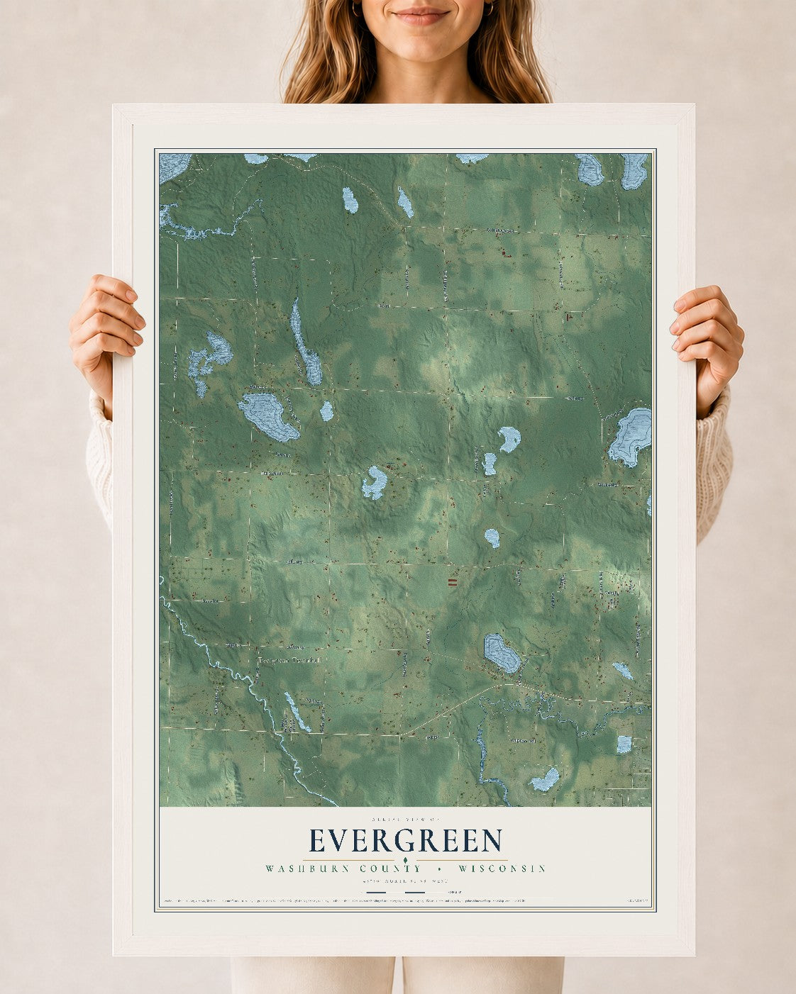 Map of Evergreen, Washburn County, Wisconsin, 24 x 36 inch print in a white wood frame