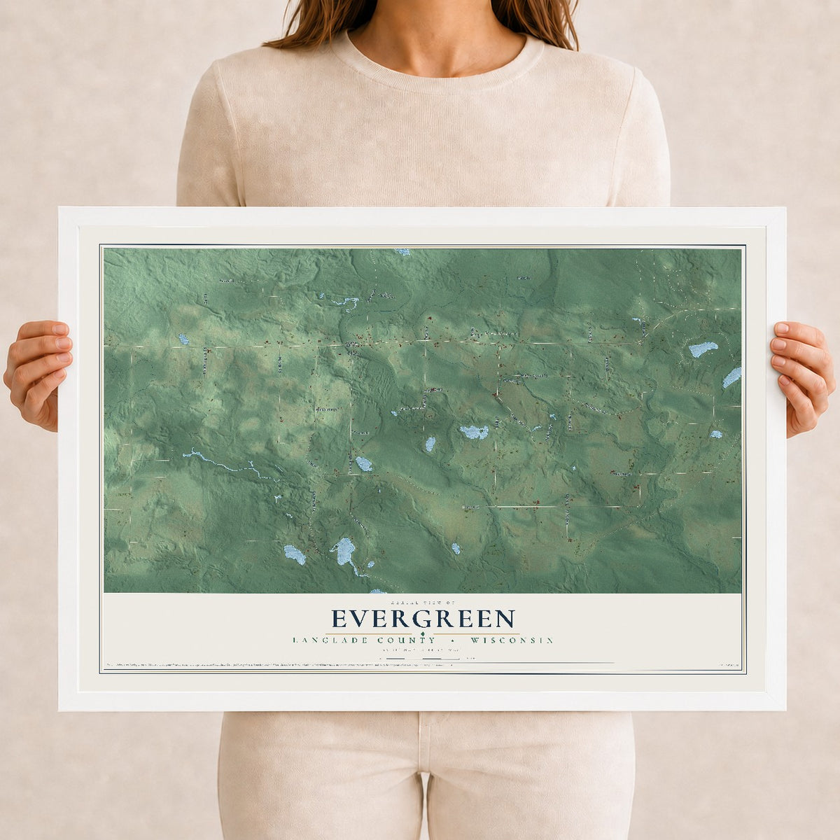 Map of Evergreen, Langlade County, Wisconsin, 12 x 18 inch print in a white wood frame