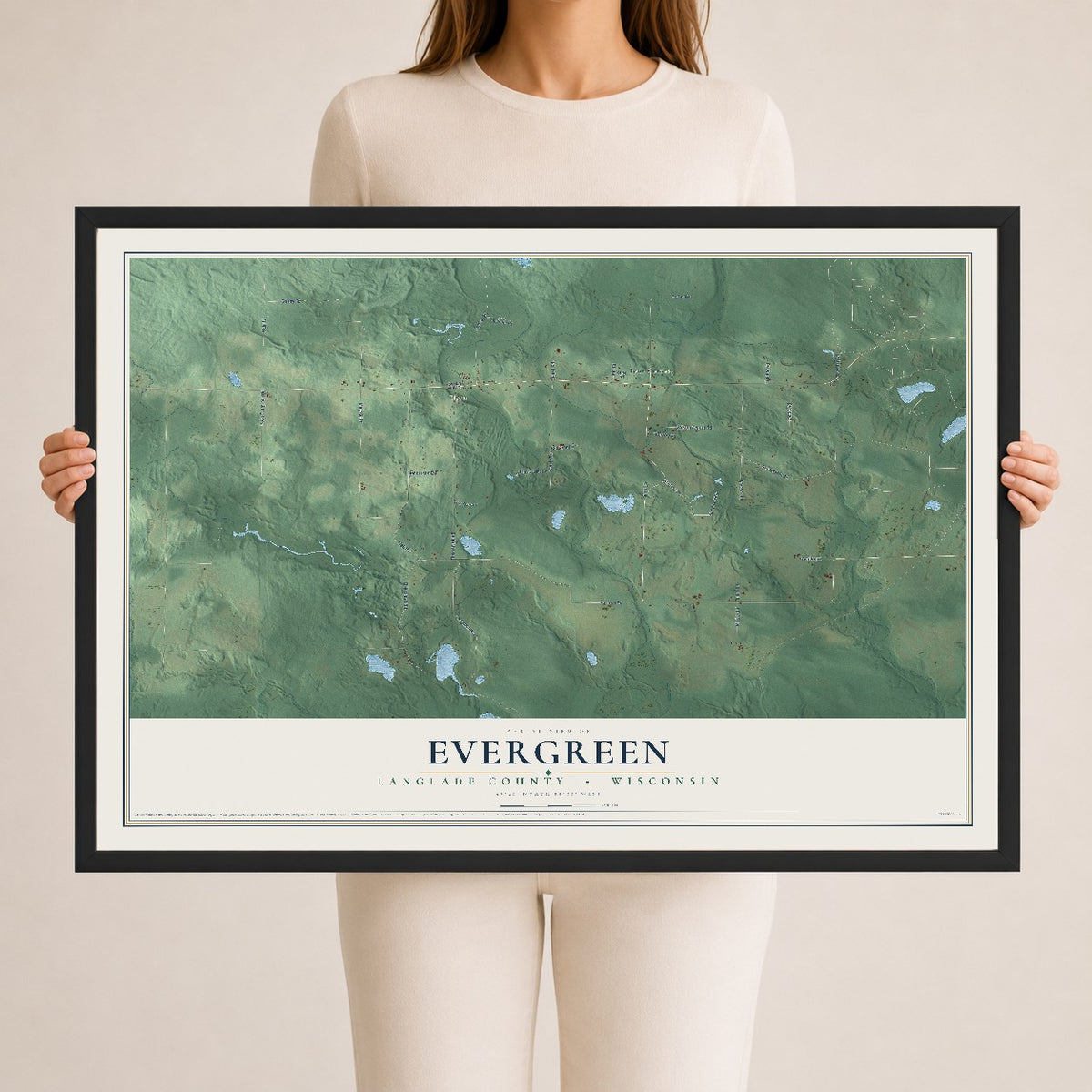 Map of Evergreen, Langlade County, Wisconsin, 24 x 36 inch print in a black wood frame