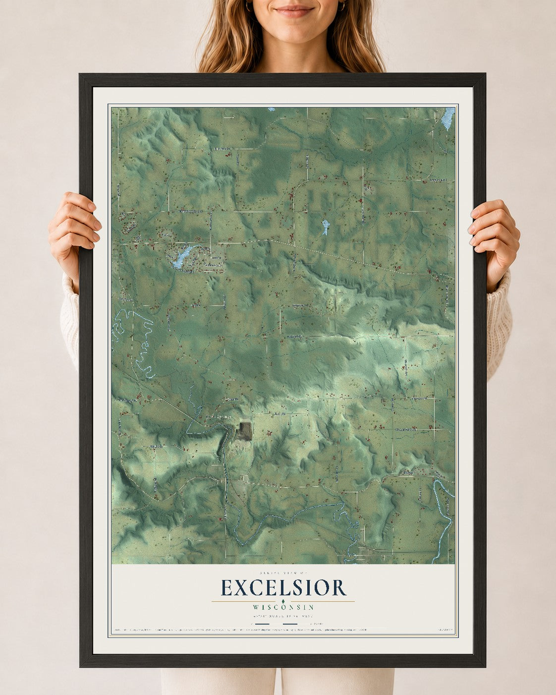 Map of Excelsior, Wisconsin, 24 x 36 inch print in a black wood frame