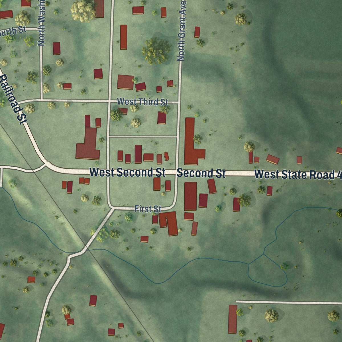 Close-up of the map of Exeland, Wisconsin print showing street and building detail