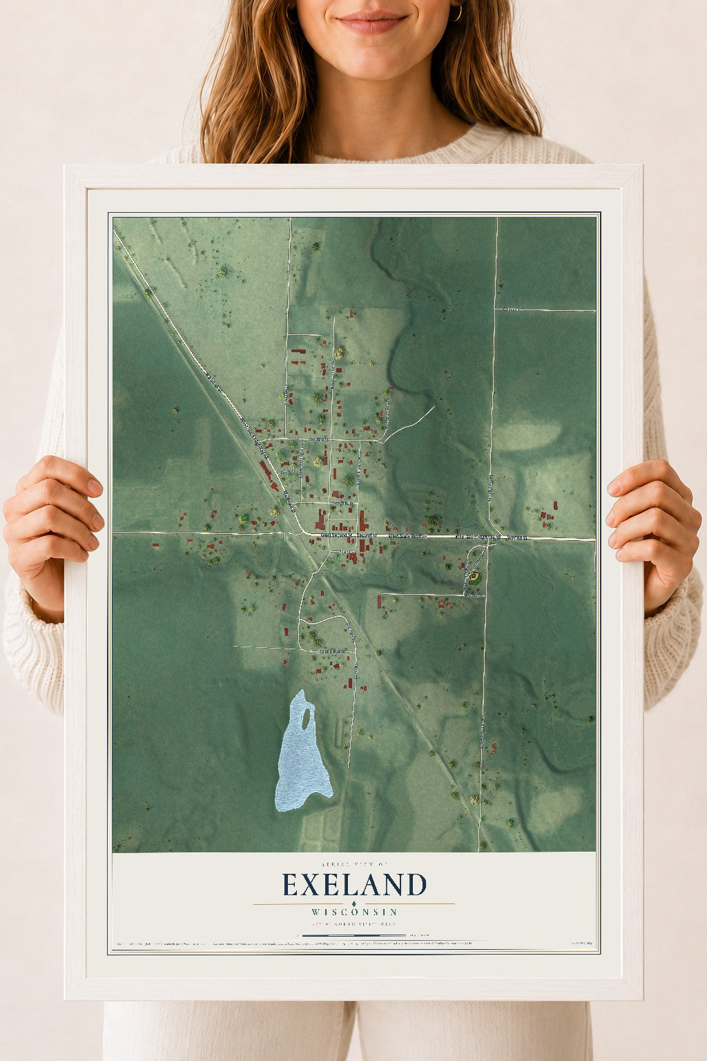 Map of Exeland, Wisconsin, 18 x 24 inch print in a white wood frame