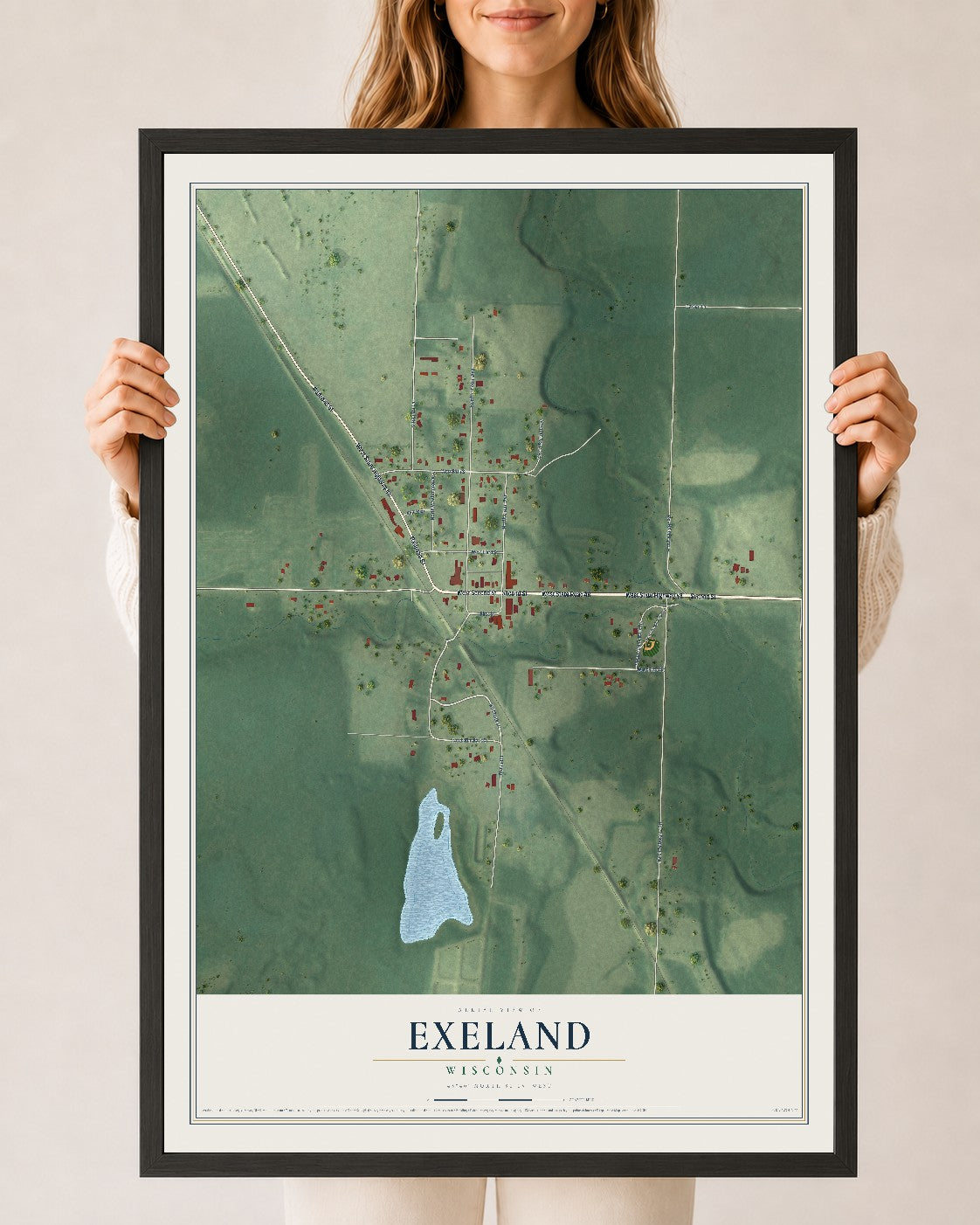 Map of Exeland, Wisconsin, 24 x 36 inch print in a black wood frame