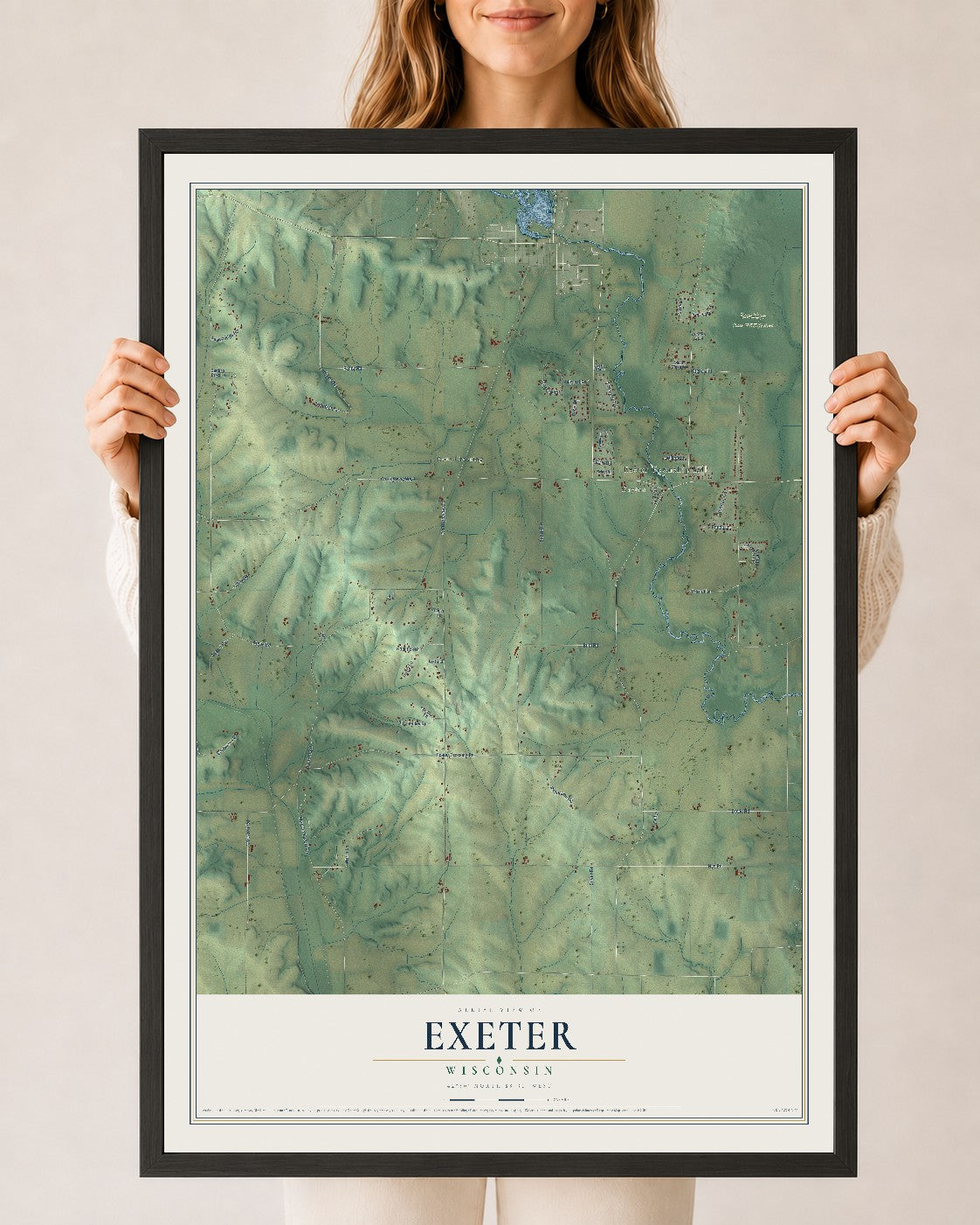 Map of Exeter, Wisconsin, 24 x 36 inch print in a black wood frame