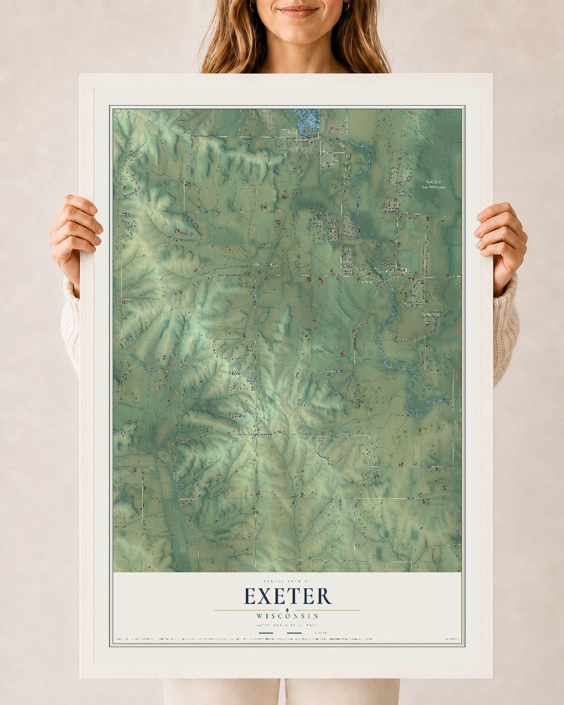 Map of Exeter, Wisconsin, 24 x 36 inch print in a white wood frame