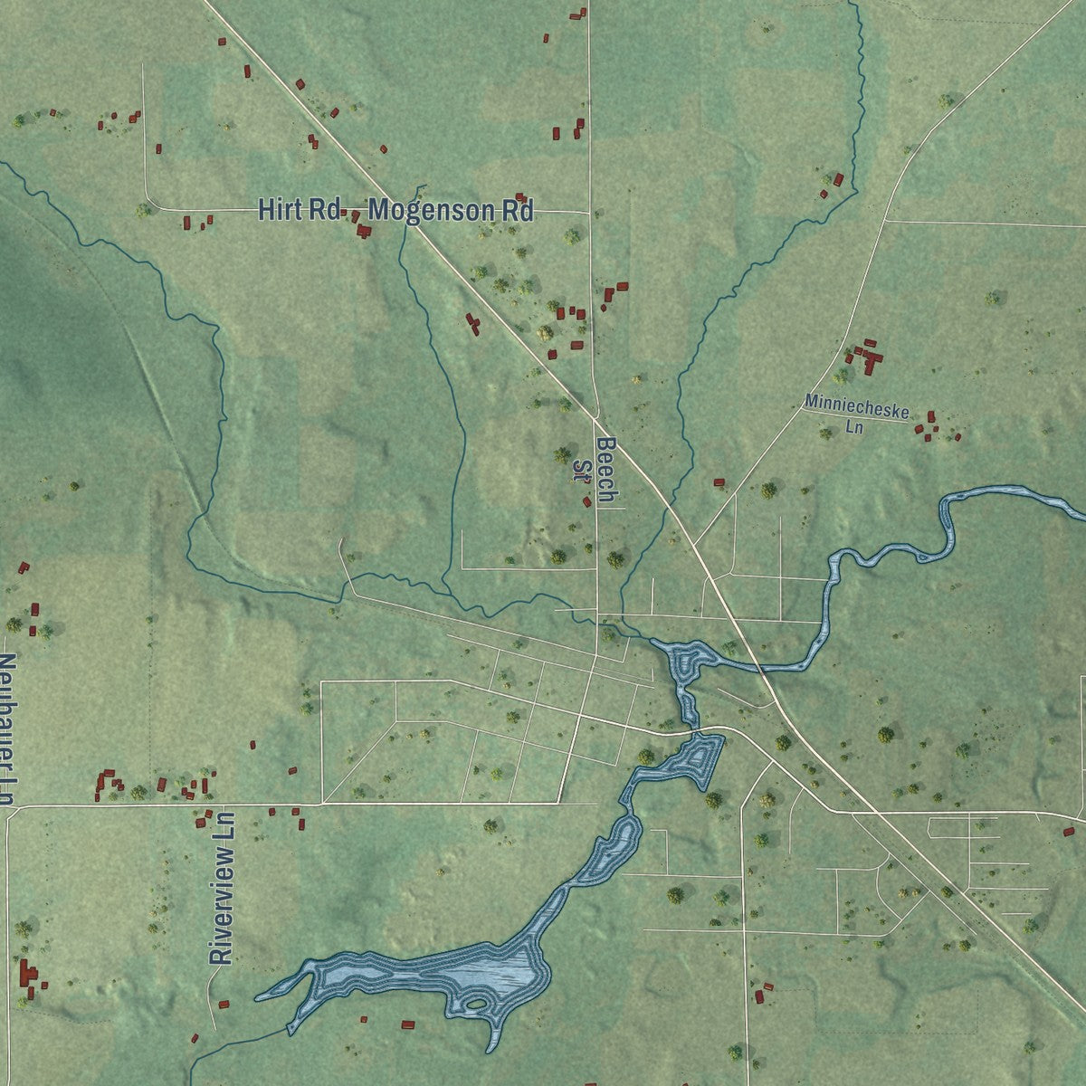 Close-up of the map of Fairbanks, Wisconsin print showing street and building detail