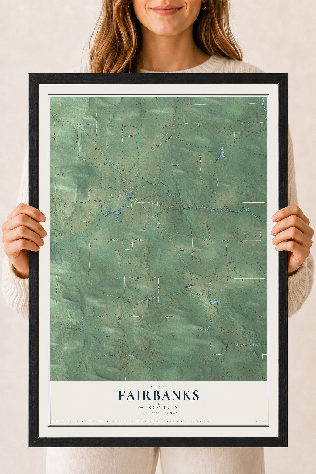 Map of Fairbanks, Wisconsin, 18 x 24 inch print in a black wood frame