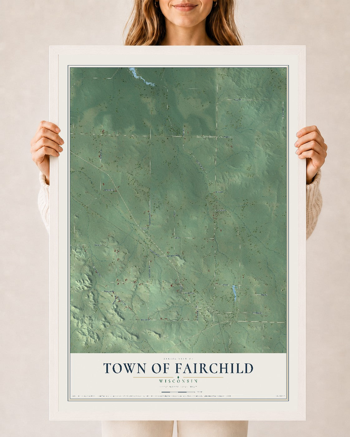 Map of the Town of Fairchild, Wisconsin, 24 x 36 inch print in a white wood frame