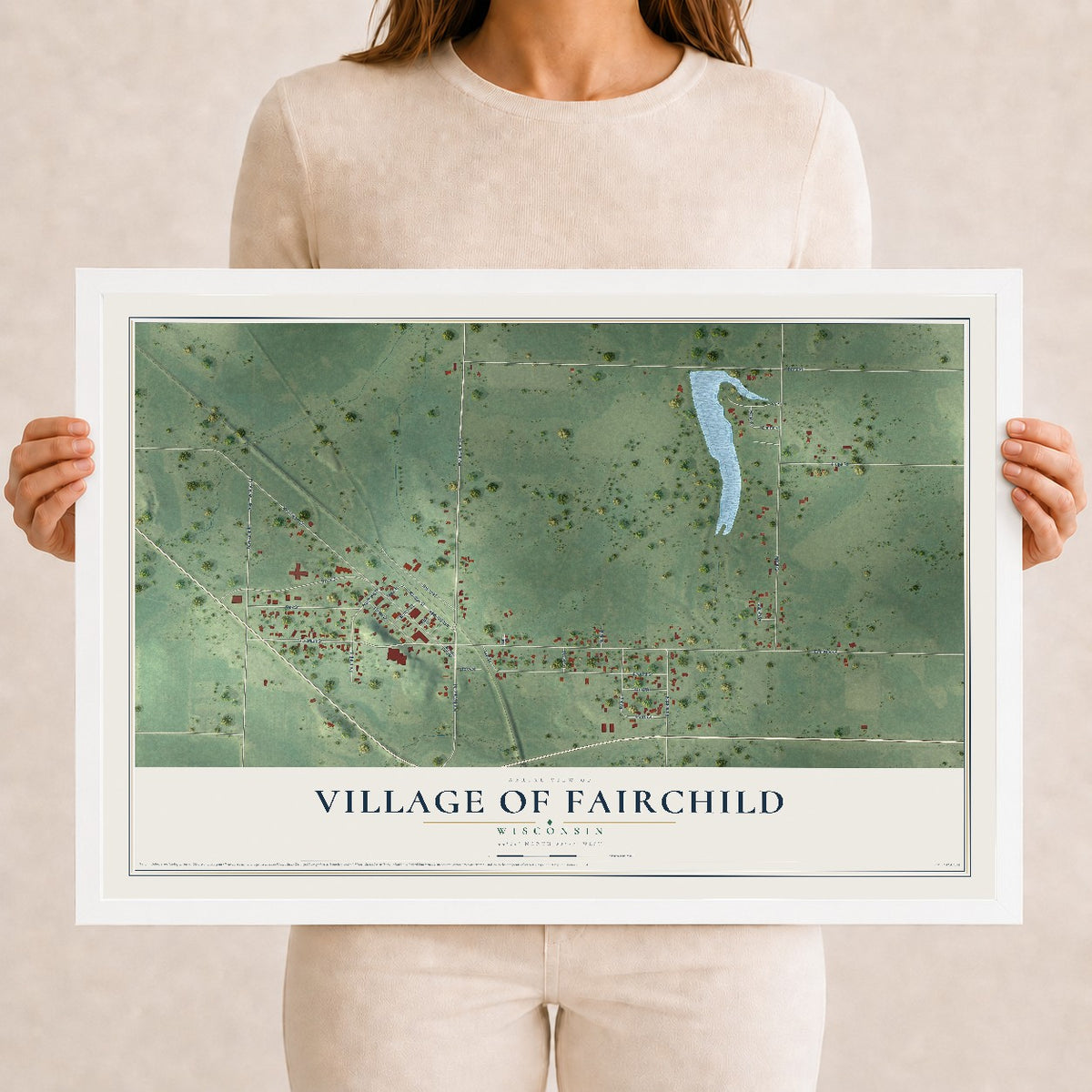 Map of Fairchild, Wisconsin, 12 x 18 inch print in a white wood frame