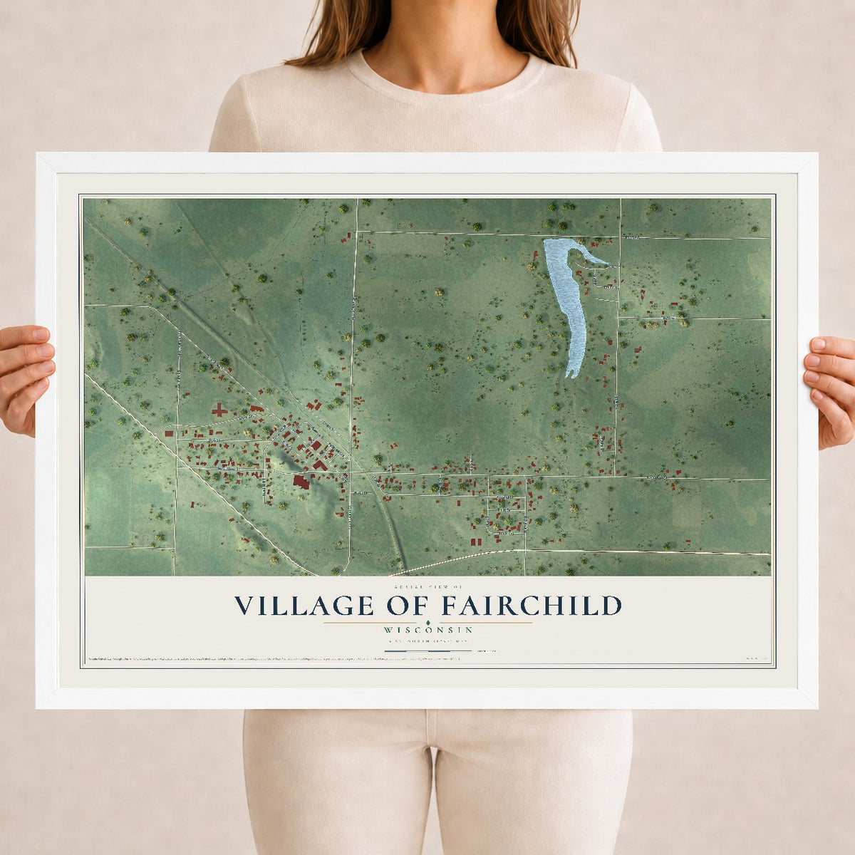 Map of Fairchild, Wisconsin, 18 x 24 inch print in a white wood frame