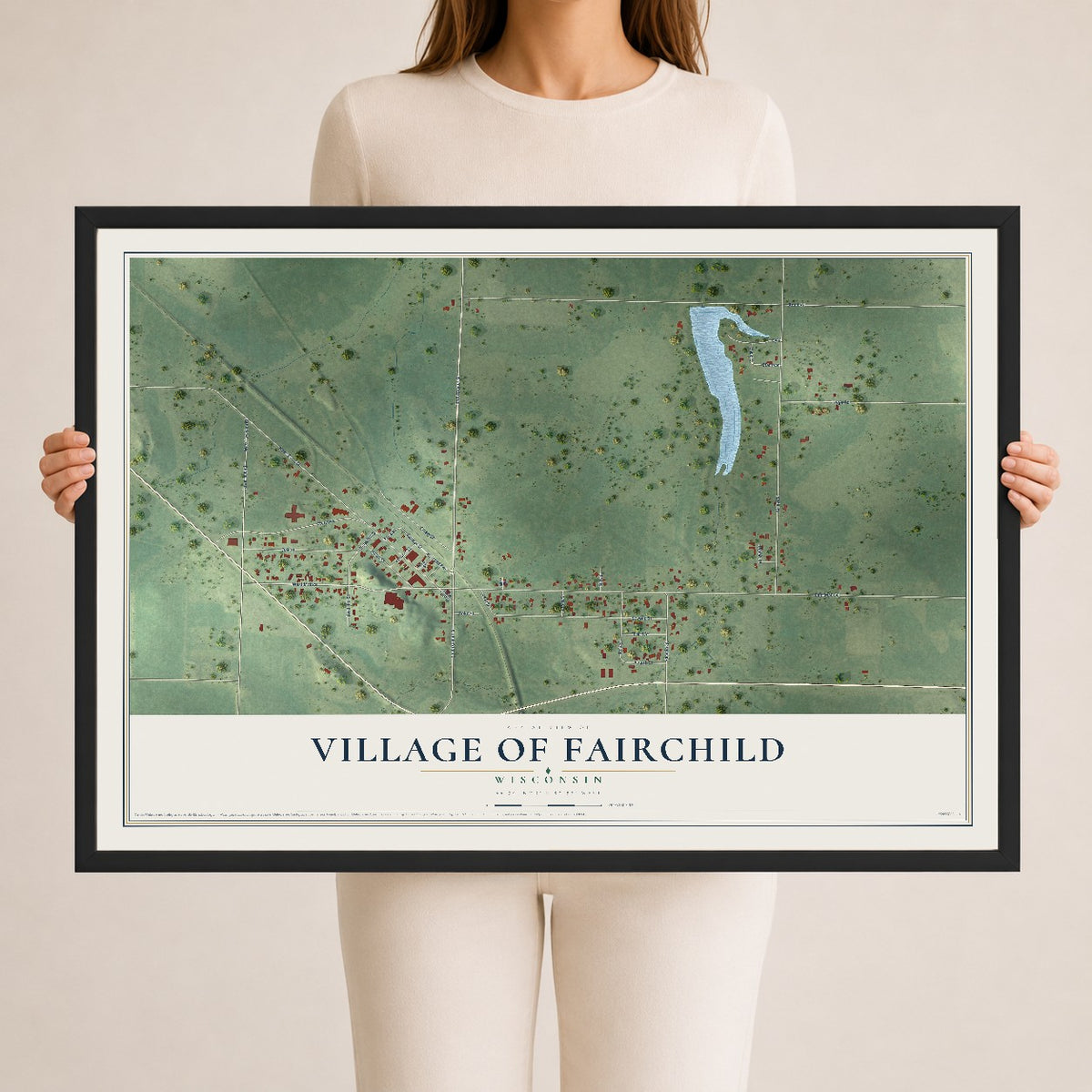 Map of Fairchild, Wisconsin, 24 x 36 inch print in a black wood frame