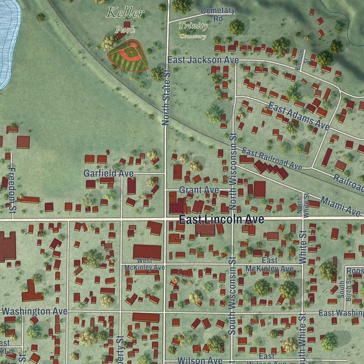 Close-up of the map of Fall Creek, Wisconsin print showing street and building detail