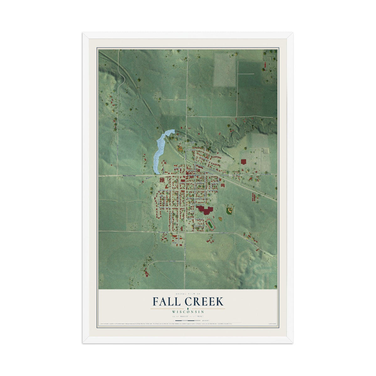 Map of Fall Creek, Wisconsin, 12 x 18 inch print in a white wood frame