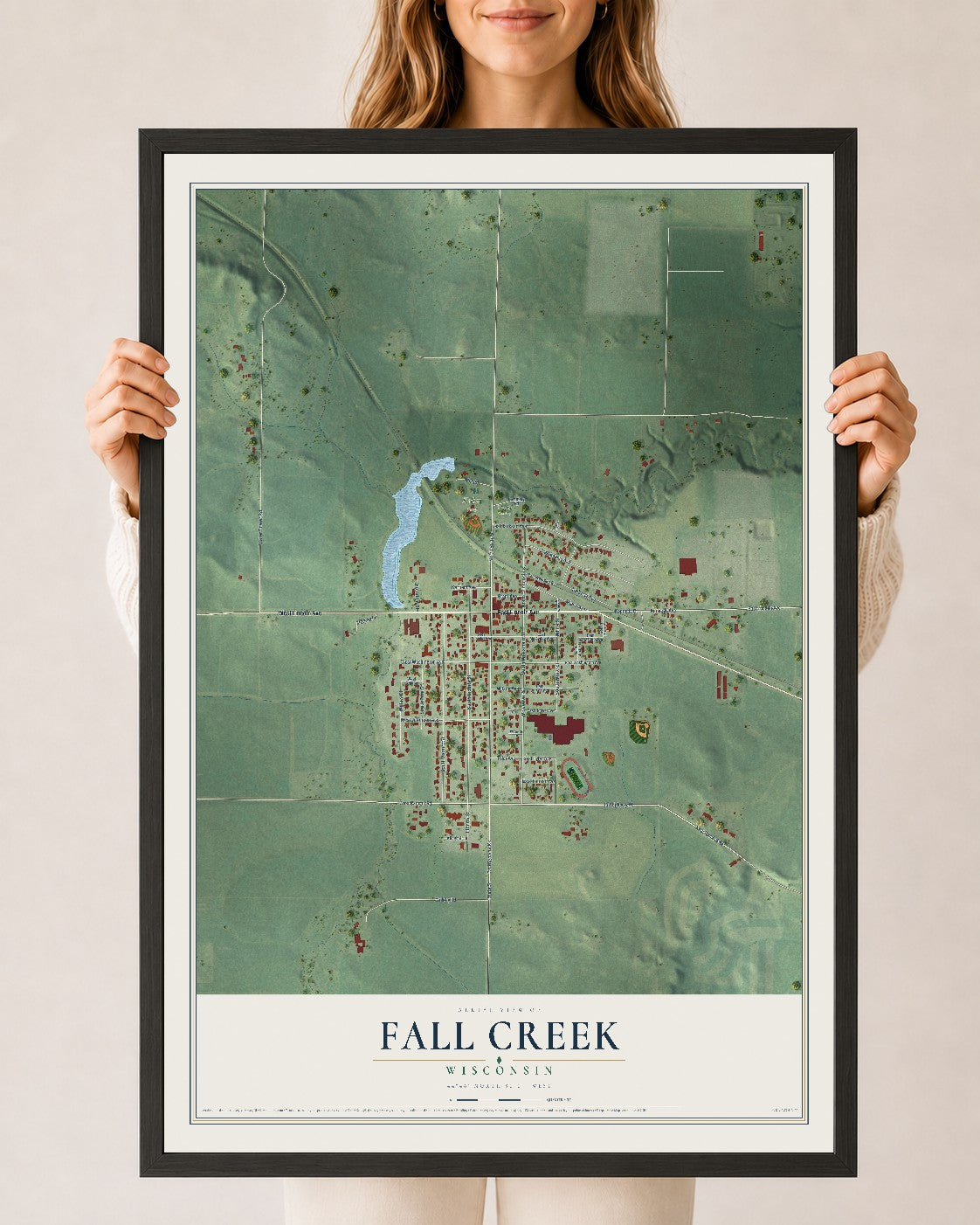 Map of Fall Creek, Wisconsin, 24 x 36 inch print in a black wood frame