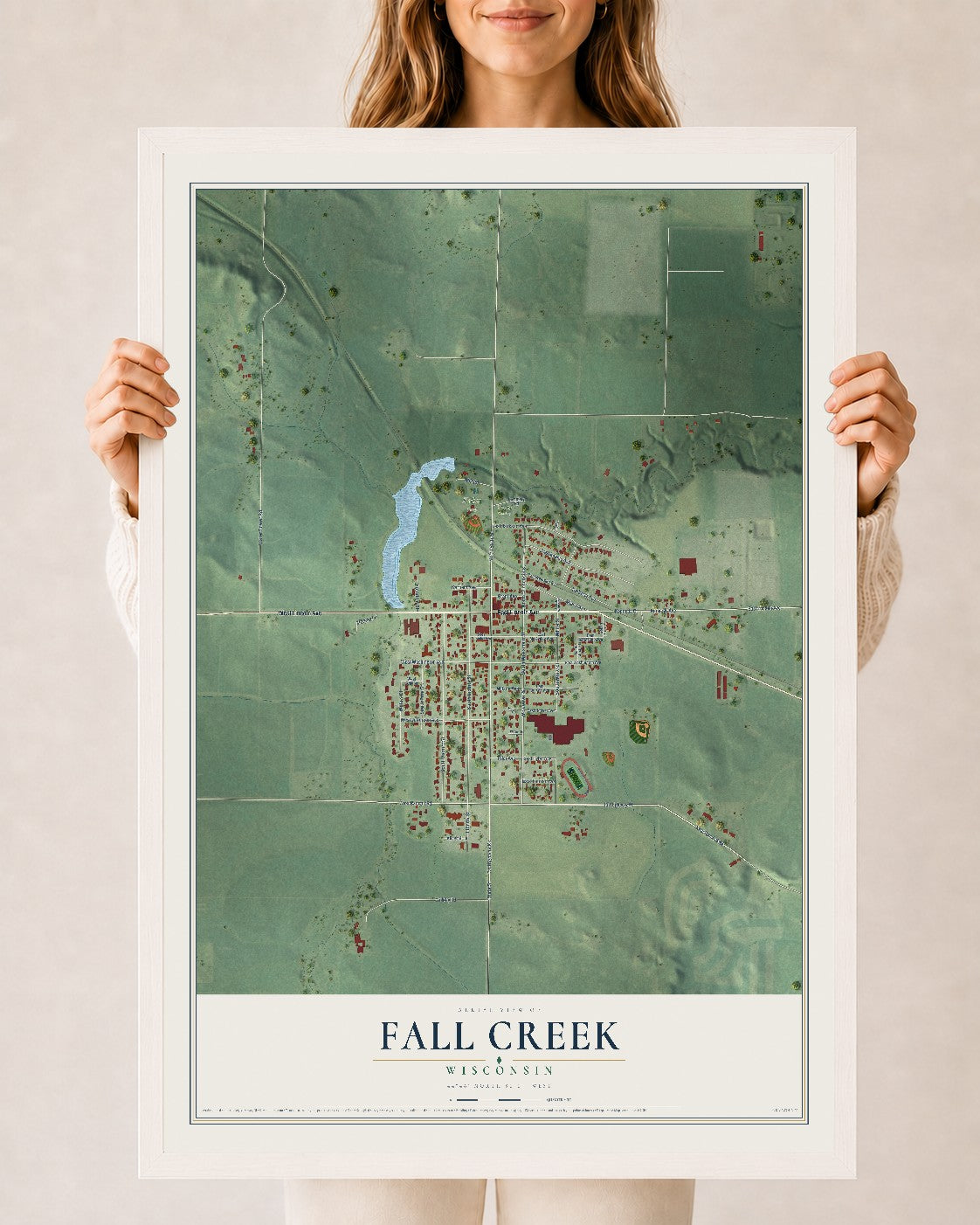 Map of Fall Creek, Wisconsin, 24 x 36 inch print in a white wood frame