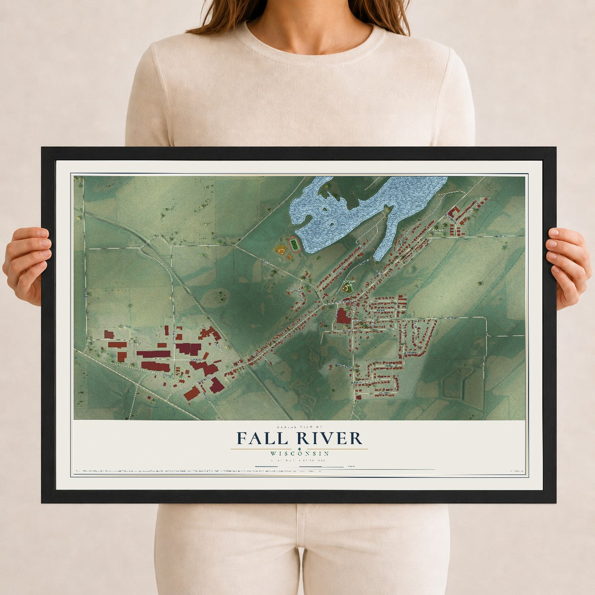 Map of Fall River, Wisconsin, 12 x 18 inch print in a black wood frame