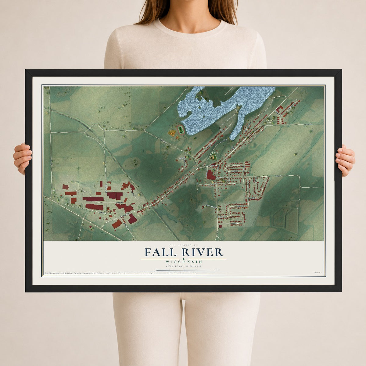 Map of Fall River, Wisconsin, 24 x 36 inch print in a black wood frame