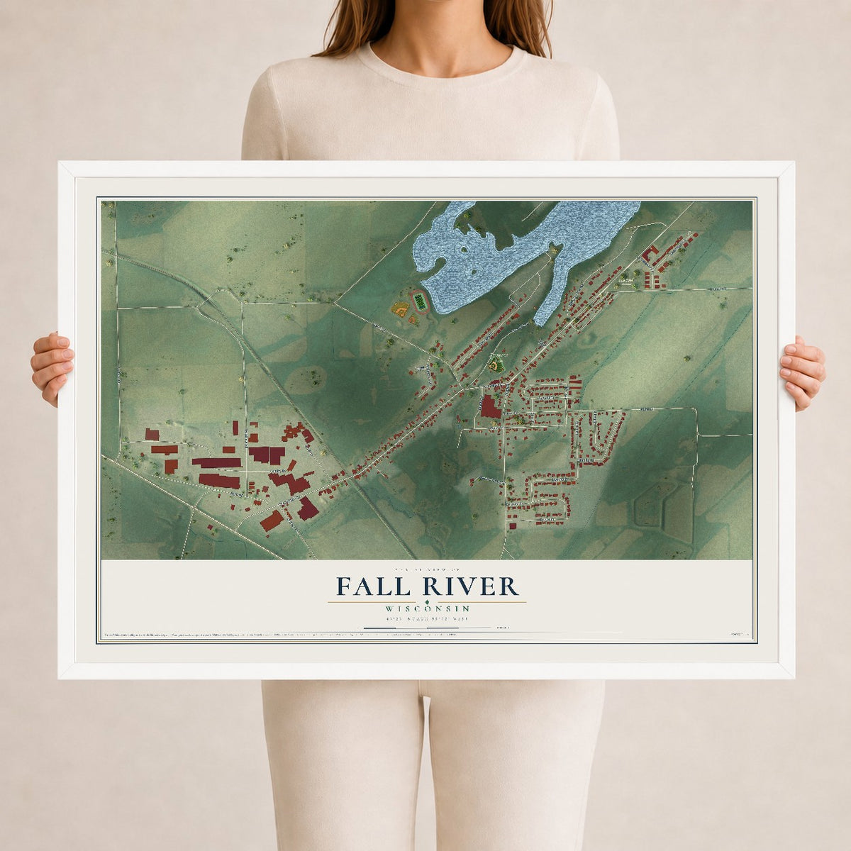 Map of Fall River, Wisconsin, 24 x 36 inch print in a white wood frame