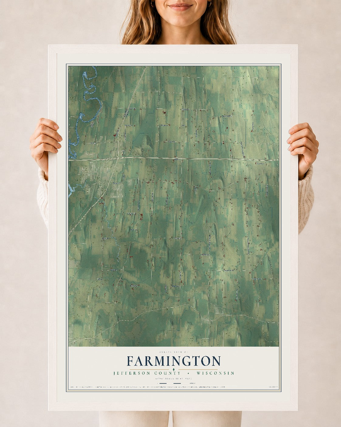 Map of Farmington, Jefferson County, Wisconsin, 24 x 36 inch print in a white wood frame