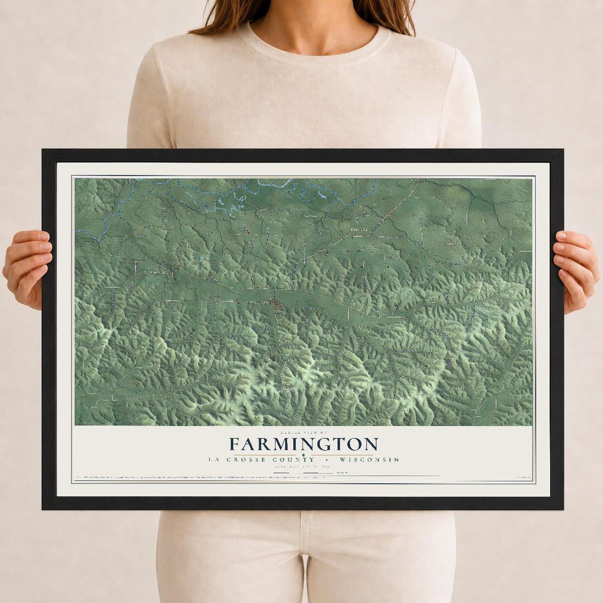 Map of Farmington, La Crosse County, Wisconsin, 12 x 18 inch print in a black wood frame