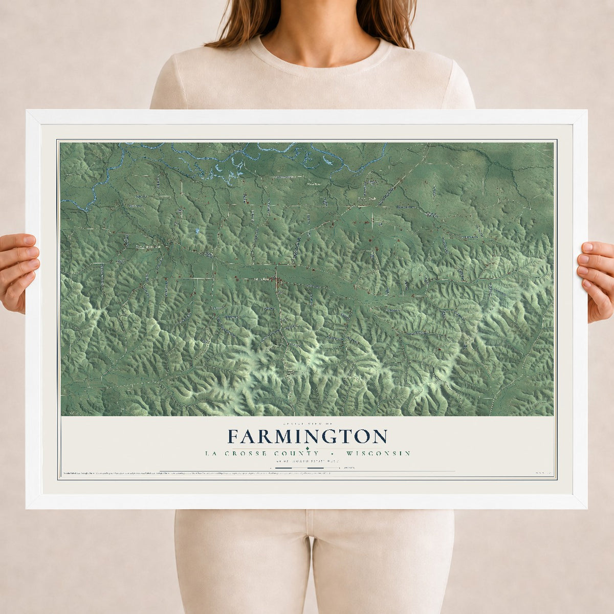 Map of Farmington, La Crosse County, Wisconsin, 18 x 24 inch print in a white wood frame