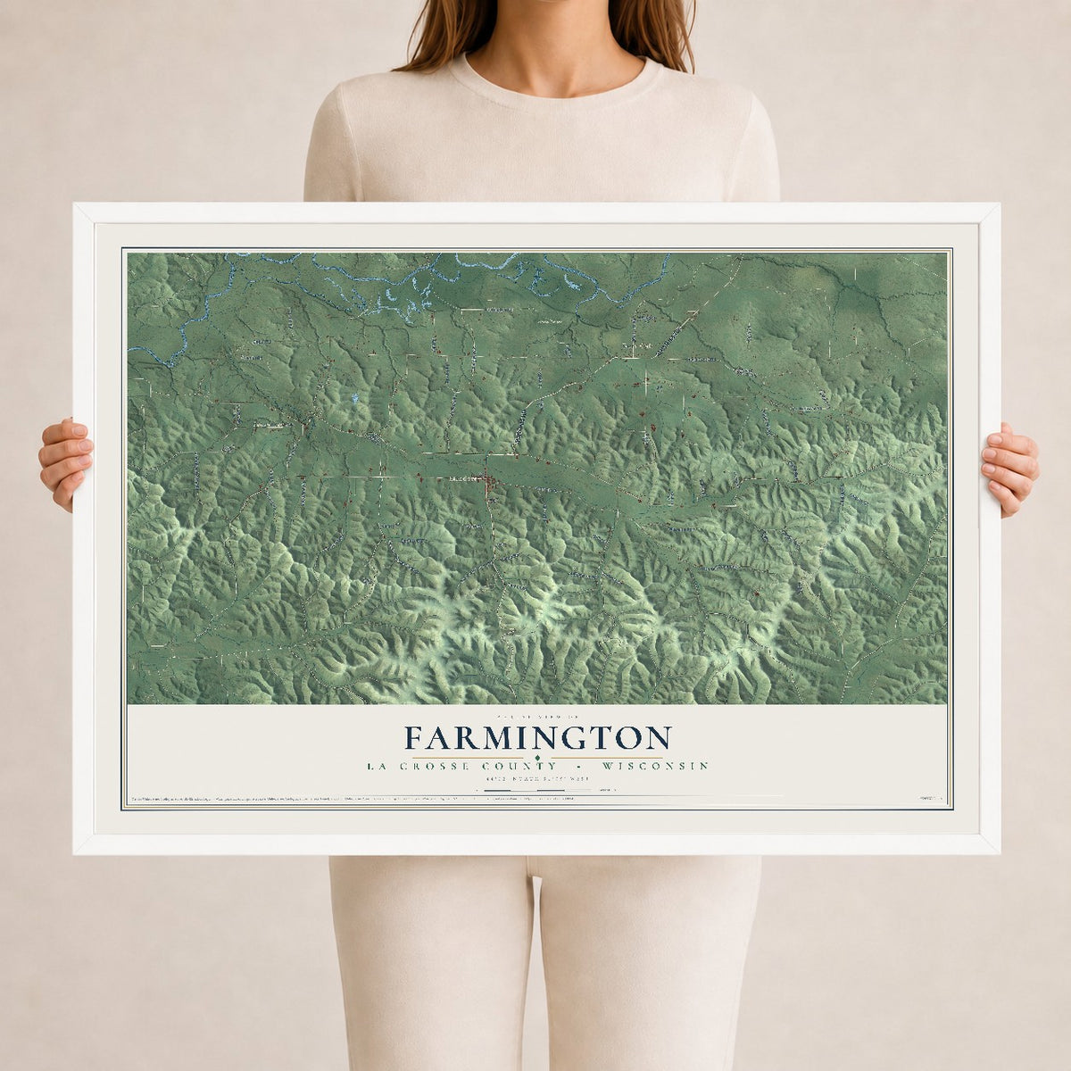 Map of Farmington, La Crosse County, Wisconsin, 24 x 36 inch print in a white wood frame