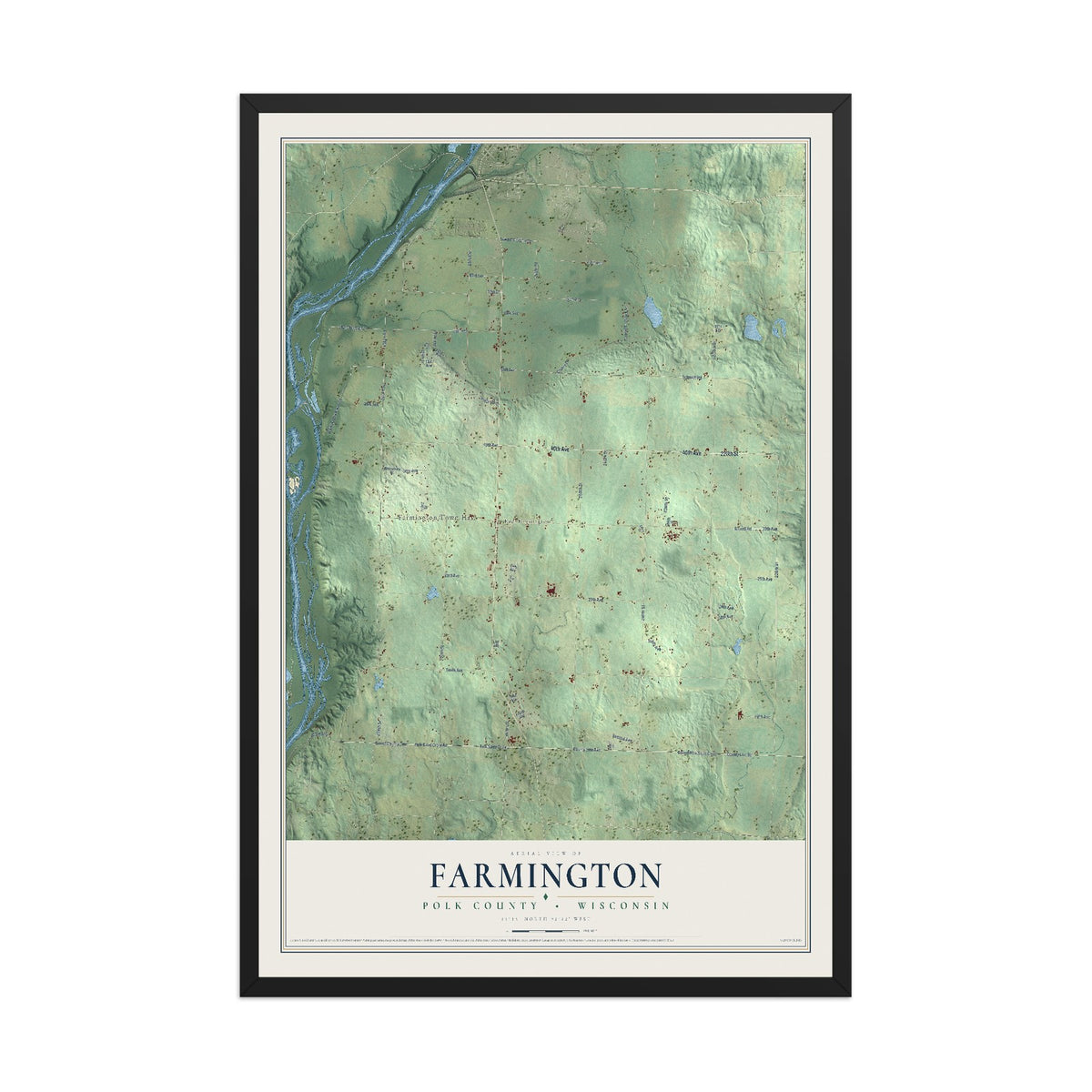 Map of Farmington, Polk County, Wisconsin, 12 x 18 inch print in a black wood frame