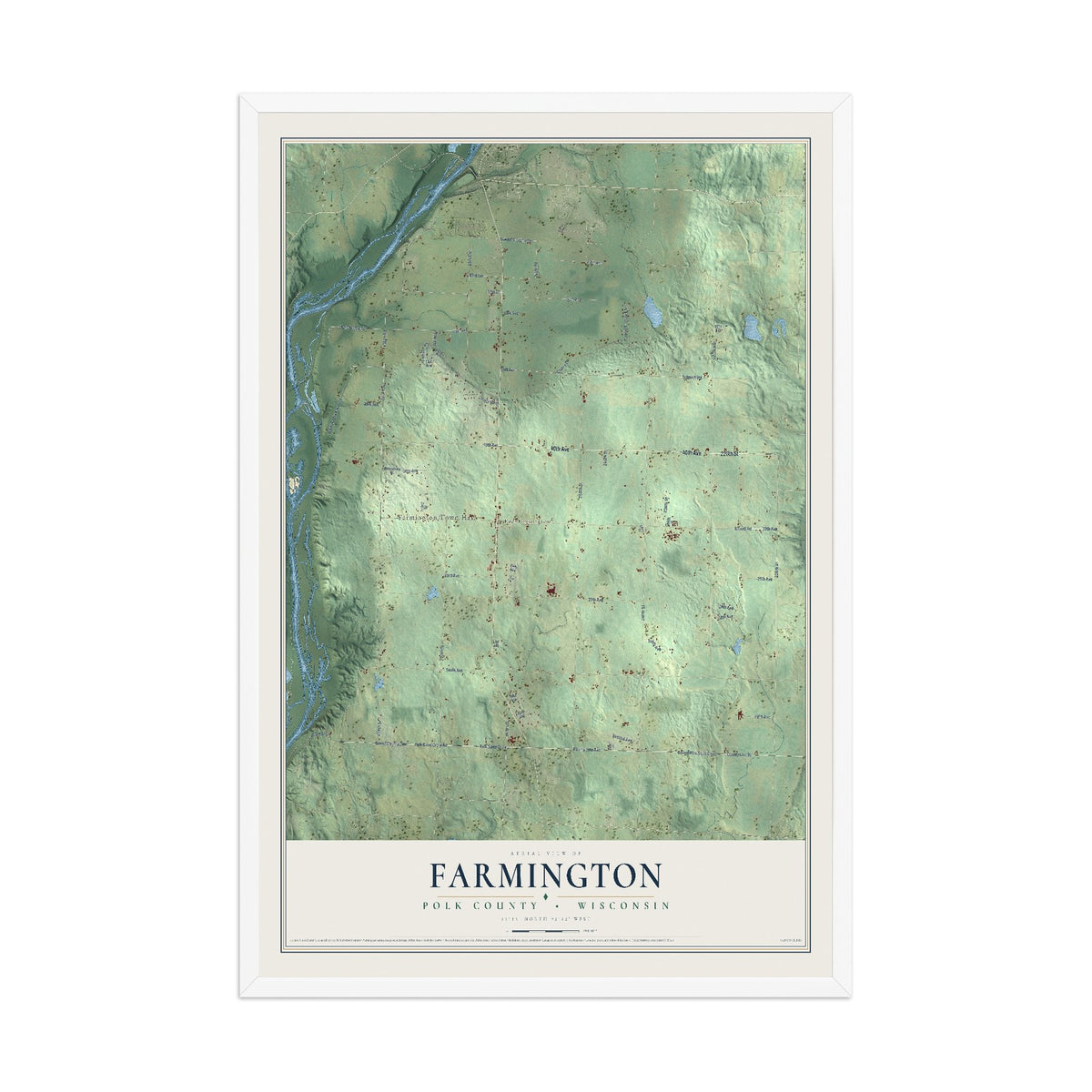 Map of Farmington, Polk County, Wisconsin, 12 x 18 inch print in a white wood frame