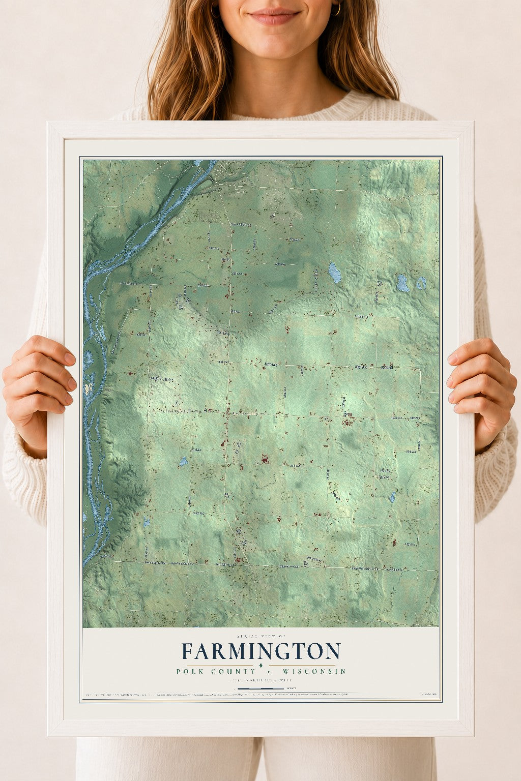 Map of Farmington, Polk County, Wisconsin, 18 x 24 inch print in a white wood frame